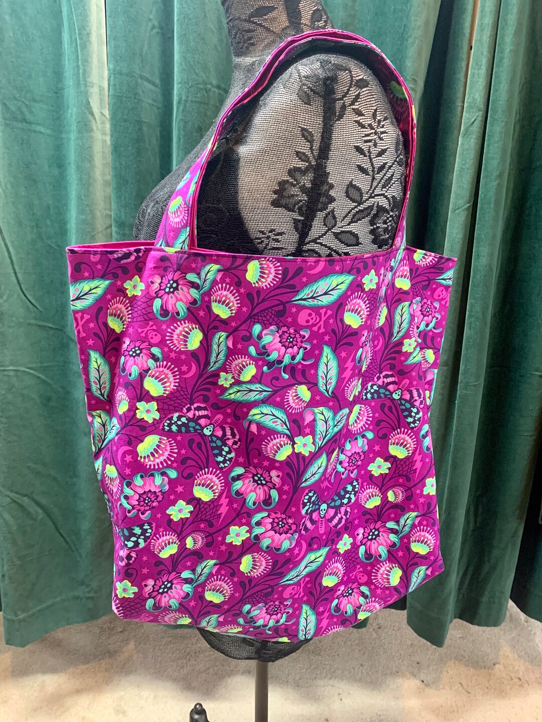 Sustainable Reusable Reversible Tote Bag Grocery Bag Raspberry Pink Floral Tula Pink - Etsy