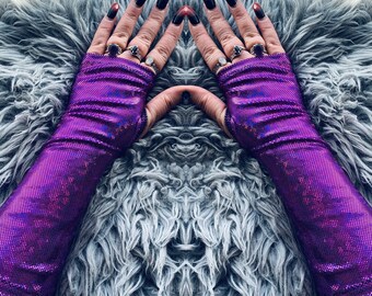 Purple Iridescent Lycra knit Bohemian Faery Arm Warmers Burning Man Festival Mori Girl Dark Mori Strega Fashion Witchy Style Forest Witch