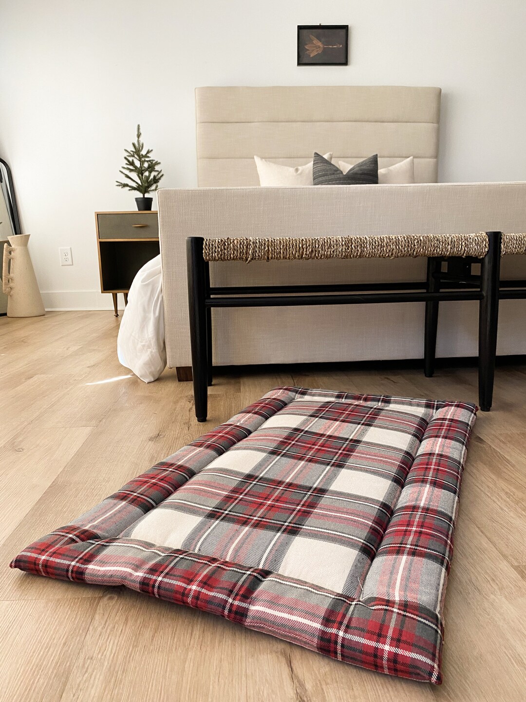 Red Plaid Dog Bed, Dog Crate Pad, Christmas Dog Bed, Plaid Dog Bed