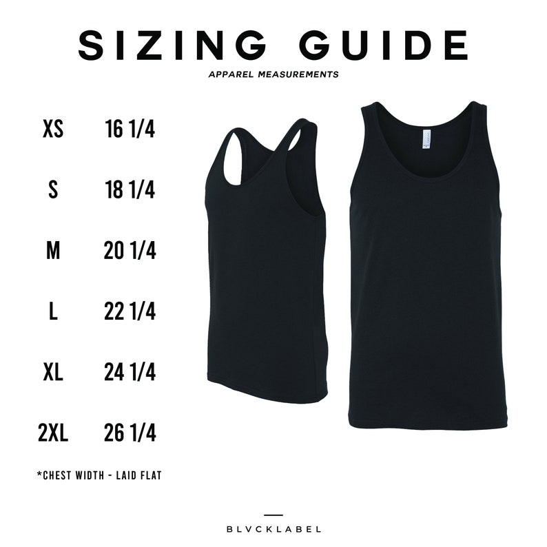 Op de afbeelding: Maattabel voor tanktops met metingen in inches. De tabel toont maten XS tot en met 2XL met de bijbehorende borstwijdtes. De afbeelding toont twee zwarte tanktops.