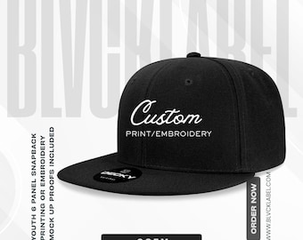 Youth All Black Snapback Hat - Custom Embroidery - 6 Panel Baseball Cap