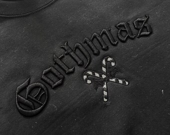 Gothmas Sweatshirt | Black on Black 3D Puff Embroidery | Gothic Christmas Crewneck | Candy Cane Bat Sweater