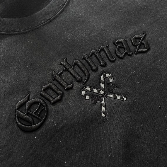 Gothmas Sweatshirt | Black on Black 3D Puff Embroidery | Gothic Christmas Crewneck | Candy Cane Bat Sweater