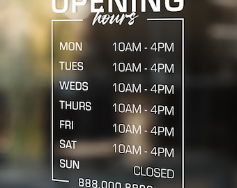 Store Hours Vinyl Decal: Window Door Lettering, No Background