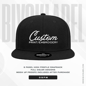 Custom 6 Panel Black Snapback Cap - High Structured Profile Hat - Decky Brand