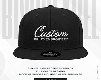 Custom 6 Panel Black Snapback Cap - High Structured Profile Hat - Decky Brand