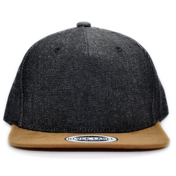 Black Denim Snapback Tan Brown Suede 
