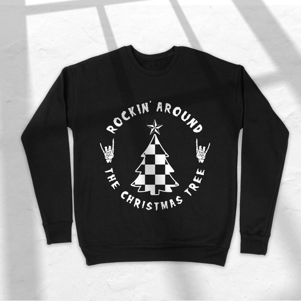 Punk Rock Christmas Sweatshirt: Checkered Tree, Skeleton Hands