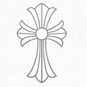 Könnte beinhalten: Ein graues, stilisiertes Kreuz mit vier Spitzen, jede mit einer abgerundeten, Blütenblatt-ähnlichen Form. Das Kreuz hat einen zentralen Kreis und mehrere Linien, die sich vom Zentrum zu den Spitzen erstrecken.