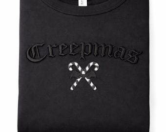 Creepmas Sweatshirt | Black on Black 3D Puff Embroidery | Gothic Christmas Crewneck | Candy Cane Bat Sweater