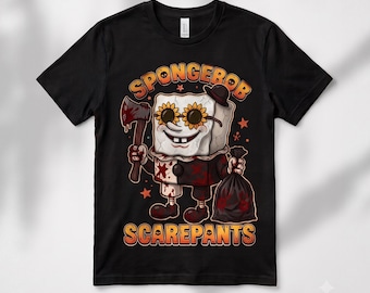 Può includere: Una t-shirt nera con la grafica di un personaggio quadrato che indossa occhiali da sole a forma di girasole e un cappellino. Il personaggio tiene in mano un'ascia insanguinata e un sacco della spazzatura nero. Il testo SPONGEBOB SCAREPANTS è arancione.
