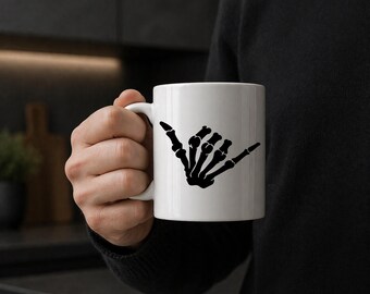 Skeleton Shaka Hand Mug, Funny Coffee Mug, Surf Vibes Gift, Gothic Skull Mug, Aloha Shaka Cup, Gift for Him Her, Dark Humor Mug