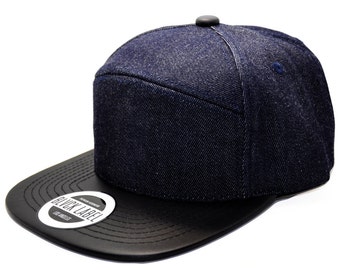 Denim Strapback - 6 Panel Hat - Black Faux Leather Brim - Denim Cap - Custom Embroidery - Personalized Gifts - Hats and Caps | BLVCK LABEL