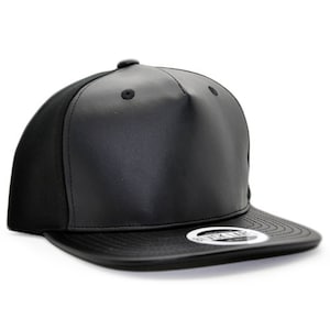 Custom Snapback Hat - Adult Unisex Cap - Faux Black Leather Snapback - BLVCK LABEL - Custom Text Here- Custom Embroidery - Baseball Cap