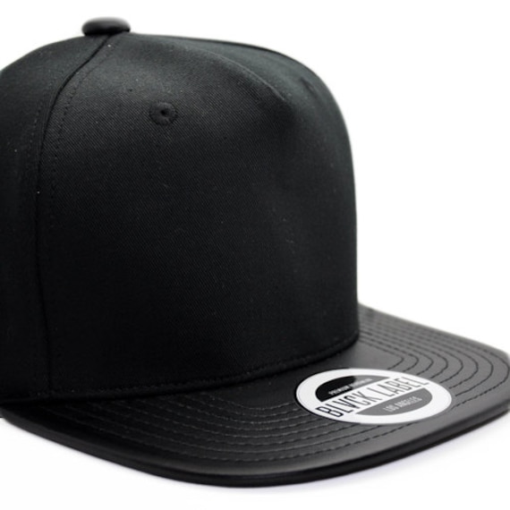 Black Snapback Hat - Faux Leather Brim - Custom Embroidery - Wide