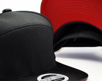6 Panel Strapback - Faux Leather flat brim - Red Under brim - Custom Embroidery - Custom Hat and Caps - BLVCK LABEL - Personalized Gifts