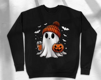 Cute ghost beanie Sweatshirt - Halloween Crewneck - Halloween Ghost - Spooky Season - coffee ghost - unisex drop shoulder - bougie ghost