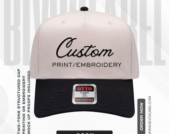 Custom Two-Tone 5 Panel Structured Hat - Personalized Embroidered Logo - Custom Printed Text - OTTO® CAP Mid Profile Baseball Cap