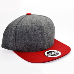 BLVCK LABEL - 6 Panel Hat - Snapback hats - Grey Wool cap - Baseball Caps - Red Flat brim - Flat bill hats - Custom Logo Embroidery - Unisex