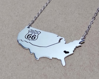 US Route 66 Travel Map Necklace 2"inch State Charm Necklace State Shaped Necklace Personalized State Necklace Custom Necklace With A Heart