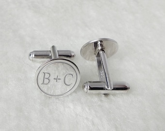 Wedding Cufflinks White Gold,Groom Wedding Cufflinks,Date and Initials Cufflink,Personalized Engraved CuffLinks,Elegant Monogrammed Cufflink