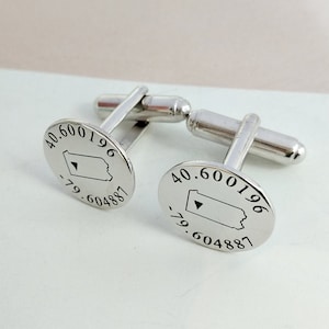Personalized Coordinates Cufflinks,Personalized Latitude Longitude Cufflinks,Silver States Cufflinks,Any State or Country Cufflinks