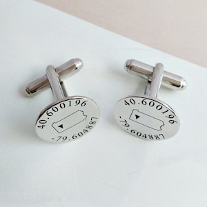 Personalized Latitude Longitude Cufflinks,Silver States Cufflinks,Personalized Coordinates Cufflinks,Any State or Country Cufflinks