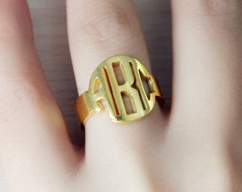 Gold Circle Block Monogram Ring,3 Initials Monogrammed Name Ring,Personalized Wedding Monogram Ring,Custom Name Jewelry Christmas Gift