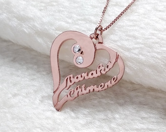 Heart Name Necklace,Personalized Birthstone Name Necklace,Birthstone Heart Necklace,Custom Birthstone Heart Name Necklace,Mother's Day Gift