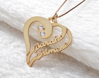 Heart Name Necklace,Personalized Birthstone Name Necklace,Birthstone Heart Necklace,Custom Birthstone Heart Name Necklace,Mother's Day Gift