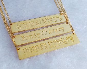 Gold Coordinates Necklace,Name Bar Necklace,Latitude Longitude Necklace,Best Friend Necklace,Engraved Bar Necklace Gold,Custom Jewelry