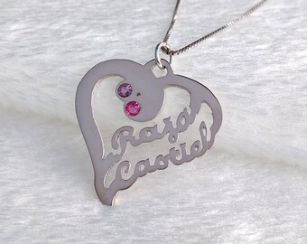 Birthstone Heart Necklace,Heart Name Necklace,Personalized Birthstone Name Necklace,Custom Birthstone Heart Name Necklace,Mother's Day Gift