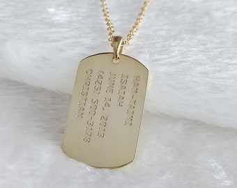 May include: Gold dog tag necklace with the inscription "HAM-TAIMT ISAIAH JUNE 14, 2013 (425) 500-3178 CHRISTIAN"