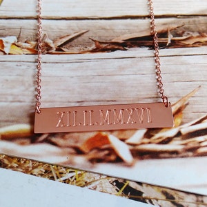 WEDDING DATE Necklace,Roman Numeral Date Necklace,Rose Gold Due Date Necklace,Horizontal Bar Necklace,Engraved Bar Necklace,Love Necklace