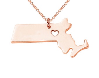 MA State Charm Necklace,Rose Gold Massachusetts State Necklace,Personalized Massachusetts State Necklace,State Shaped Necklace With A Heart