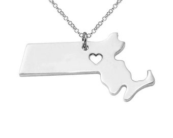 Silver MA State Necklace,Massachusetts State Necklace,Personalized Massachusetts State Necklace,State Shaped Necklace With A Heart