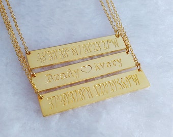 Gold Bar Halskette, Breitengrad Längengrad Halskette, Benutzerdefinierte Halskette, Koordinaten Halskette, gravierte Bar Halskette, Breitengrad Längengrad Schmuck