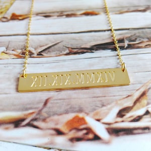 Roman Numeral Date Necklace,WEDDING DATE Necklace,Due Date Necklace,Horizontal Bar Necklace,Engraved Bar Necklace,Love Necklace