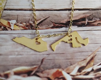 Two Charm Necklace,Gold Double State Necklace,Long Distance Love Gift,Best Friendship Necklace,Best Friend Gift,Hometown State Jewelry