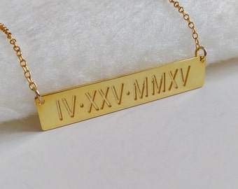 Gold Bar Necklace,Roman Numeral Necklace,Coordinates Necklace,Monogram Bar Necklace,Engraved Bar Necklace,Latitude Longitude Jewelry