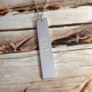 Silver Roman Numeral Bar Necklace,Vertical Roman Numeral Bar pendant,Personalized Bar Necklace,Engraved Bar Necklace,Initial Bar Necklace
