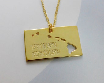 Hawaiian Islands Necklace,HI State Necklace,Gold State with Coordinates Necklace,Engrave Your Home Location
