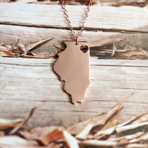 Illinois State Necklace IL State Charm Necklace State Shaped Necklace Personalized State Necklace 18k Gold State Necklace With A Heart