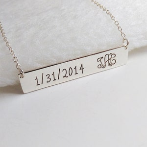 Silver Bar Necklace,Wedding Date And Initial Necklace,Coordinates Necklace,Monogram Bar Necklace,Engraved Bar Necklace,Custom Jewelry