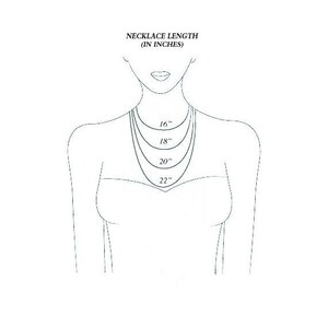 May include: A line drawing of a person wearing a necklace with different lengths marked in inches. The lengths are 16 inches, 18 inches, 20 inches, and 22 inches.