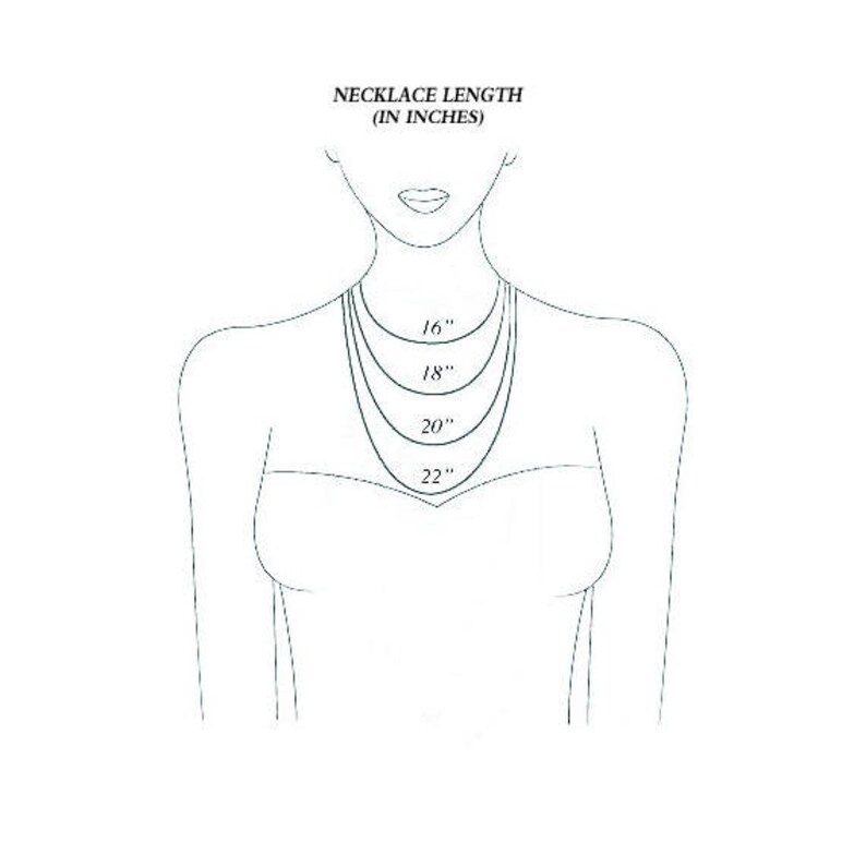 May include: A line drawing of a person wearing a necklace with different lengths marked in inches. The lengths are 16 inches, 18 inches, 20 inches, and 22 inches.