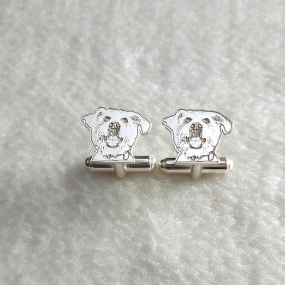 Boutons De Manchette Vintage Argentés - Motif Chien Terrier, Métal Argenté, Comme Neuf