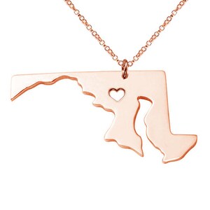 Rose Gold MD State Shaped Necklace,Maryland State Necklace,MD State Charm Necklace Personalized MD Necklace,Gold State Necklace With A Heart