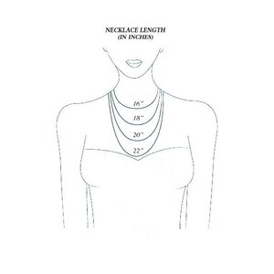 May include: A line drawing of a person wearing a necklace with different lengths marked in inches, showing 16 inches, 18 inches, 20 inches, and 22 inches.  Necklace Length (in inches)