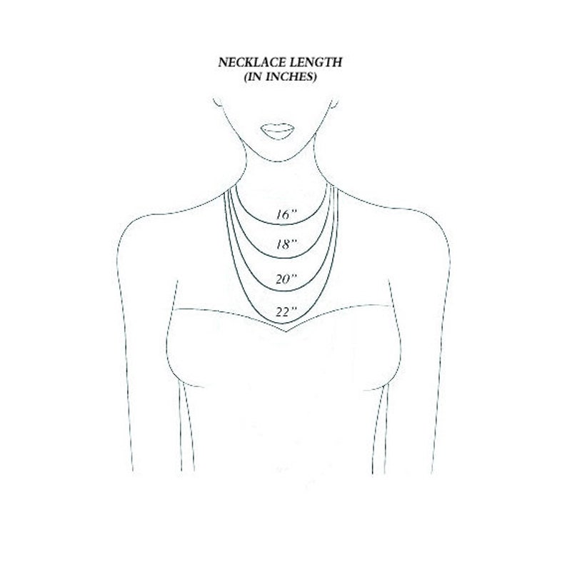May include: A line drawing of a person wearing a necklace with different lengths marked in inches, showing 16 inches, 18 inches, 20 inches, and 22 inches.  Necklace Length (in inches)